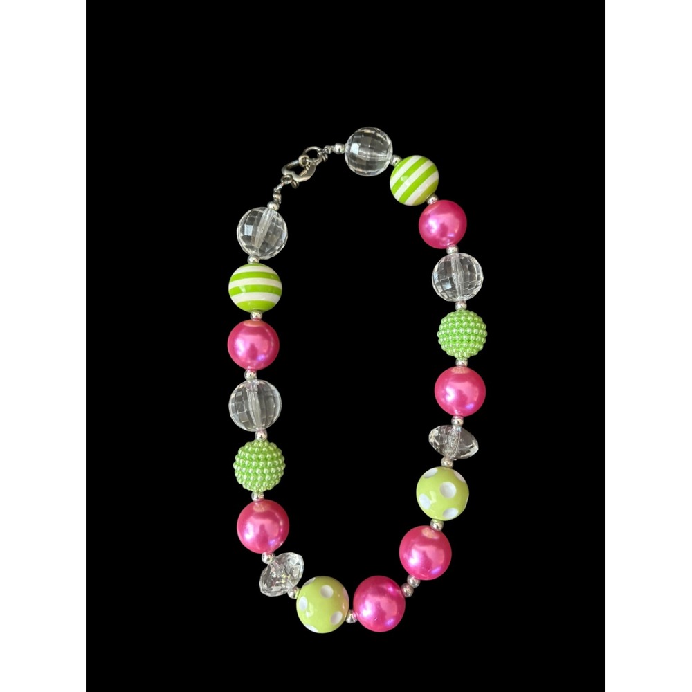 Bubblegum Bead Necklace Pink Green Polka Dot Striped Chunky Statement Jewelry